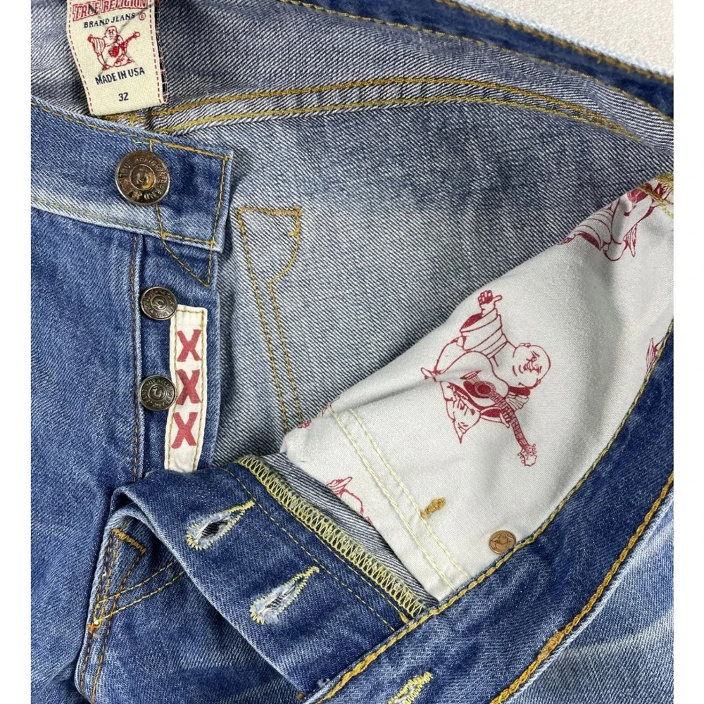 True Religion Jeans Mens 32 Blue Billy Straight Distressed Button Fly Made USA